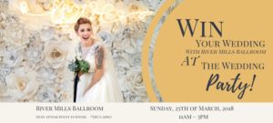 Yorkshire Wedding Fayre at River Mills Ballroom laughing bride in front of a flower wall