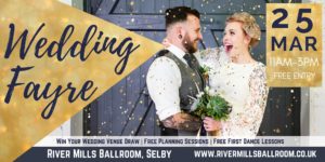 Yorkshire Wedding Fayre at River Mills Ballroom bride and groom in confetti