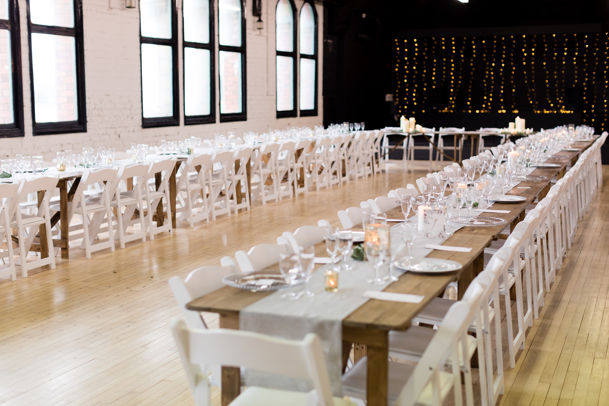 Yorkshire Wedding Venue River Mills Ballroom banquet style tables in ballroom